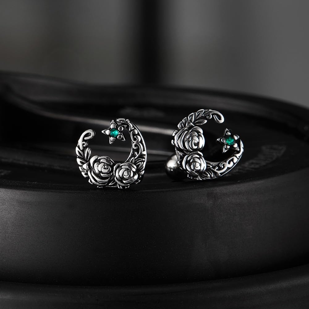 Rockyu ピアス メンズ ステンレス 片耳 三日月モチーフ 花彫刻 キュービックジルコニア アレルギー対応