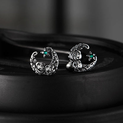 Rockyu ピアス メンズ ステンレス 片耳 三日月モチーフ 花彫刻 キュービックジルコニア アレルギー対応