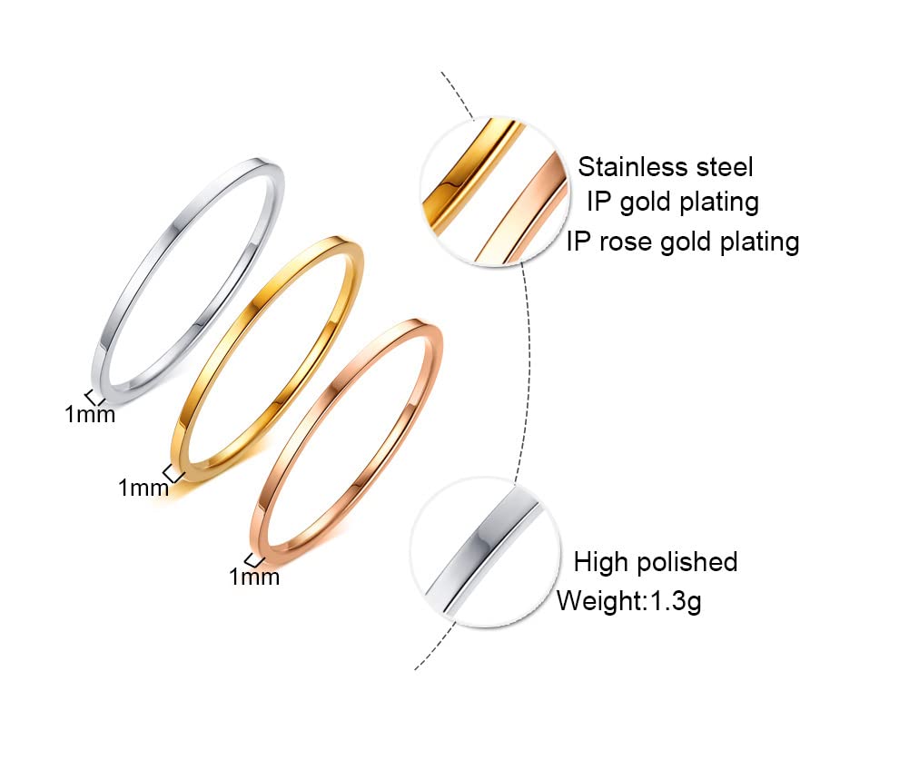 Rockyu 極細リング 1mm シンプル ステンレス ピンキーリング シルバー/ゴールド/ローズゴールド