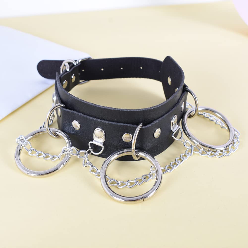 Rockyu チョーカー レディース レザー 首輪 リング チェーン ステンレス 本革 ネックレス