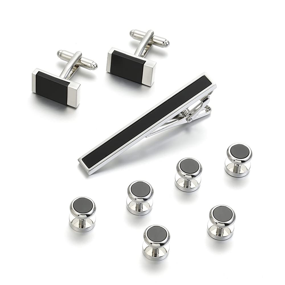 Rockyu ネクタイピン カフス シャツスタッズセット メンズ 黒 長方形 ステンレス ビジネス