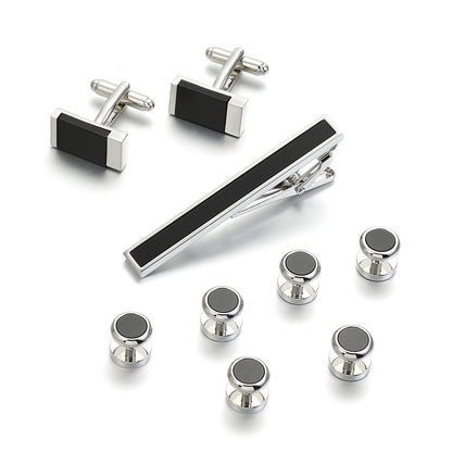 Rockyu ネクタイピン カフス シャツスタッズセット メンズ 黒 長方形 ステンレス ビジネス