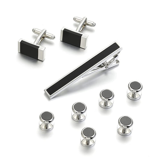 Rockyu ネクタイピン カフス シャツスタッズセット メンズ 黒 長方形 ステンレス ビジネス