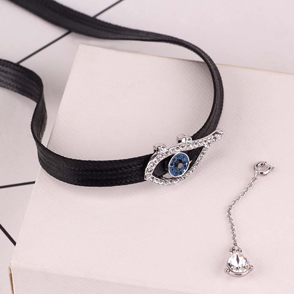 Rockyu チョーカー レディース 黒 レザー 悪魔の目 ジルコニア 雫ペンダント