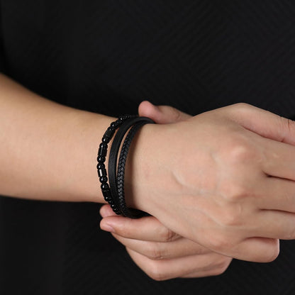 Rockyu メンズ 3連レザーブレスレット ブラック ビーズチェーン 編み込み ステンレス 金属アレルギー対応