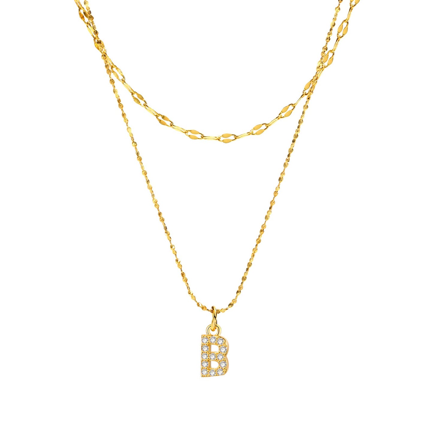 Rockyu イニシャルネックレス レディース ゴールド A〜Z 26文字 ジルコニア 二連チェーン ステンレス製 金属アレルギー対応