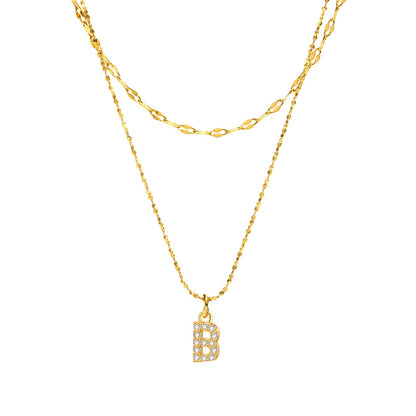 Rockyu イニシャルネックレス レディース ゴールド A〜Z 26文字 ジルコニア 二連チェーン ステンレス製 金属アレルギー対応