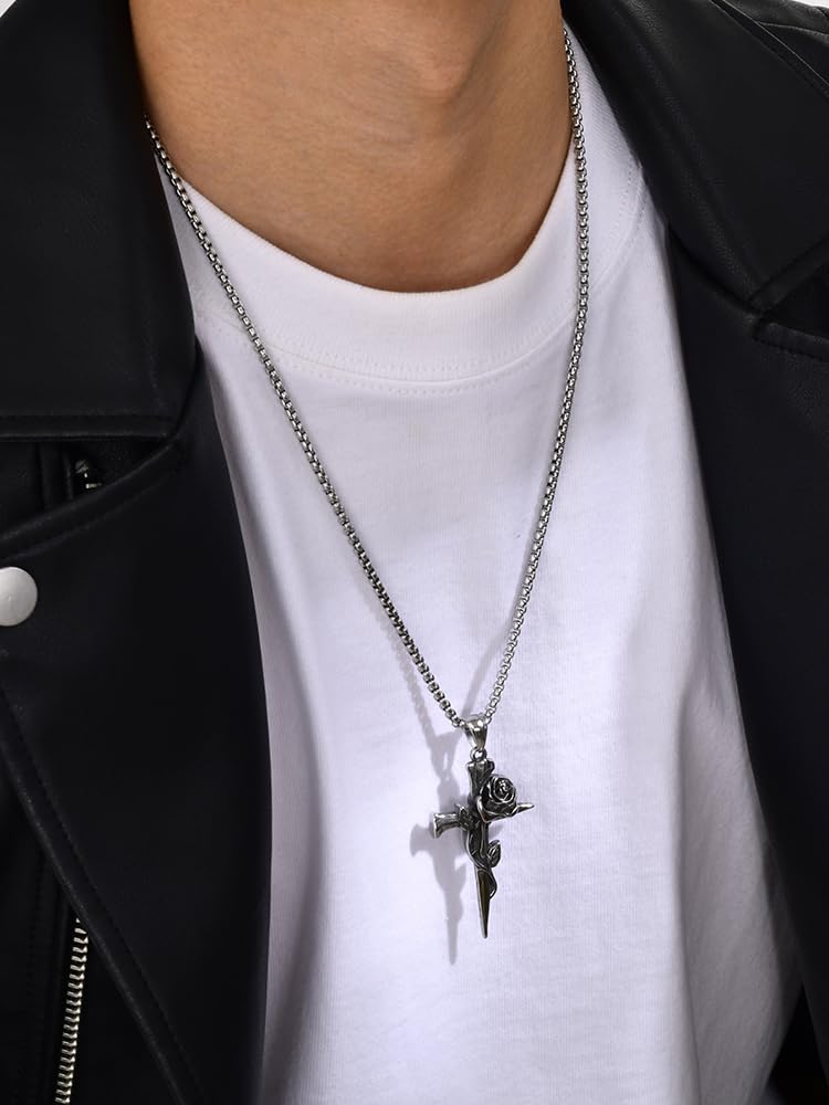 Rockyu ネックレス メンズ シルバー 十字架＆バラモチーフ ステンレス製 ロングチェーン ヴィンテージ風 アレルギー対応
