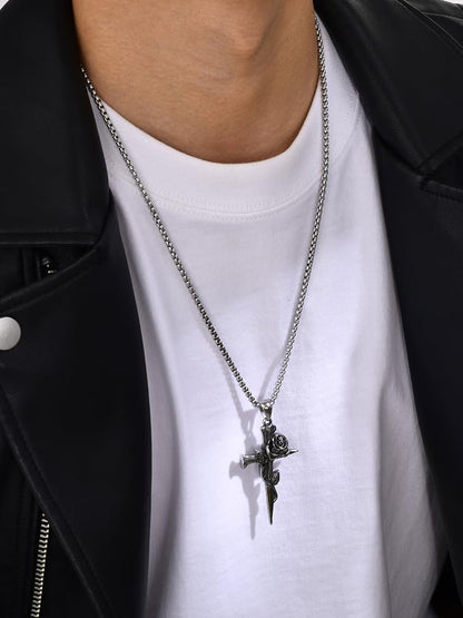 Rockyu ネックレス メンズ シルバー 十字架＆バラモチーフ ステンレス製 ロングチェーン ヴィンテージ風 アレルギー対応
