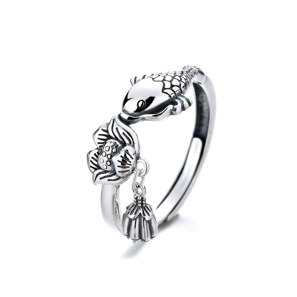 Rockyu 鯉と蓮のチャームリング レディース フリーサイズ S925シルバー指輪