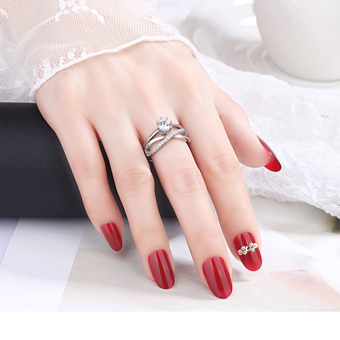 Rockyu 2連クロスリング ジルコニア装飾 フリーサイズ レディース指輪 幅広デザイン