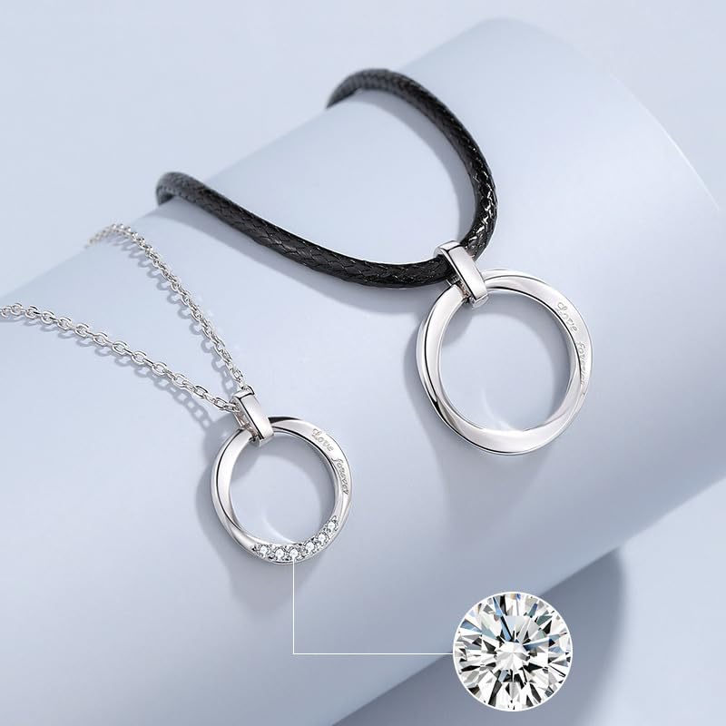 Rockyu ペアネックレス メンズ レディース リングデザイン 革紐＆チェーン 金属アレルギー対応