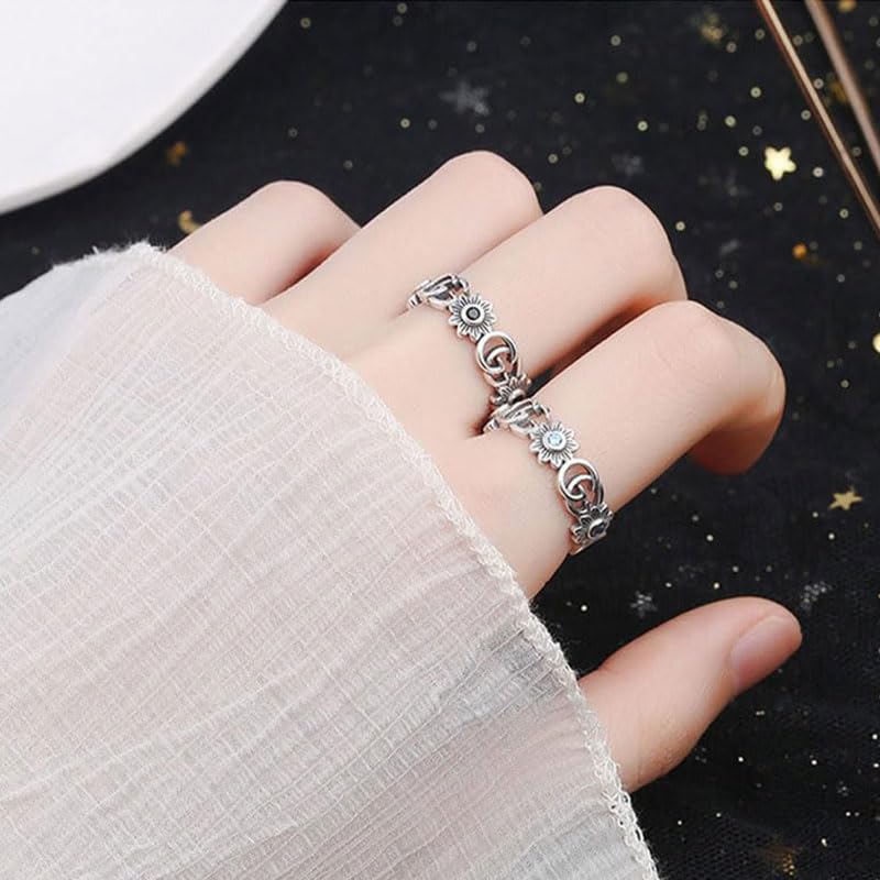 Rockyu 指輪 レディース フリーサイズ シルバー925 アルファベット＆花モチーフ サファイア風ストーン オープンリング