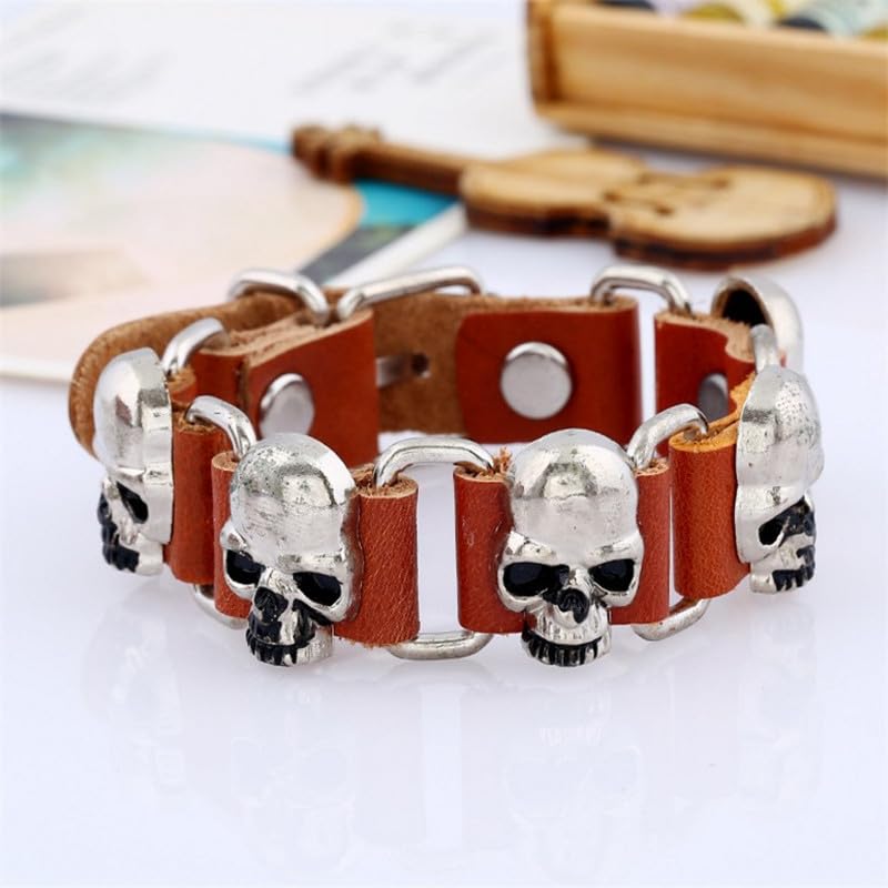 【13連スカルの主張】ドクロレザーブレスレット｜ブラック＆ブラウン パンクバングル