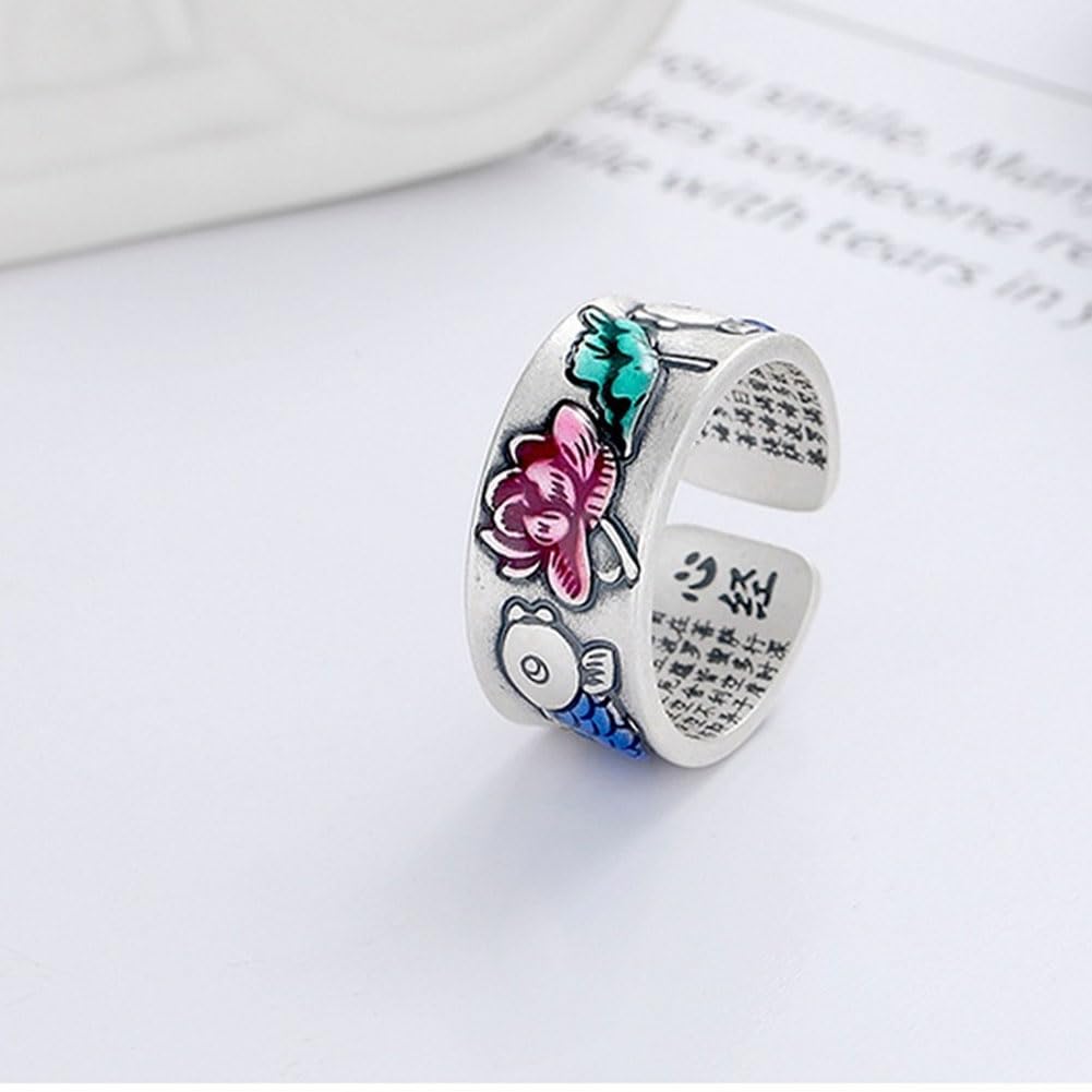 Rockyu 指輪 レディース フリーサイズ シルバー925 蓮花＆鯉モチーフ リング 金属アレルギー対応 おしゃれ プレゼント