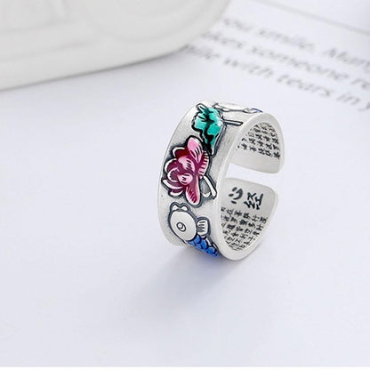 Rockyu 指輪 レディース フリーサイズ シルバー925 蓮花＆鯉モチーフ リング 金属アレルギー対応 おしゃれ プレゼント