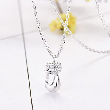 Rockyu ネックレス レディース シルバー925 猫ペンダント ジルコニア 鎖骨チェーン アレルギー対応