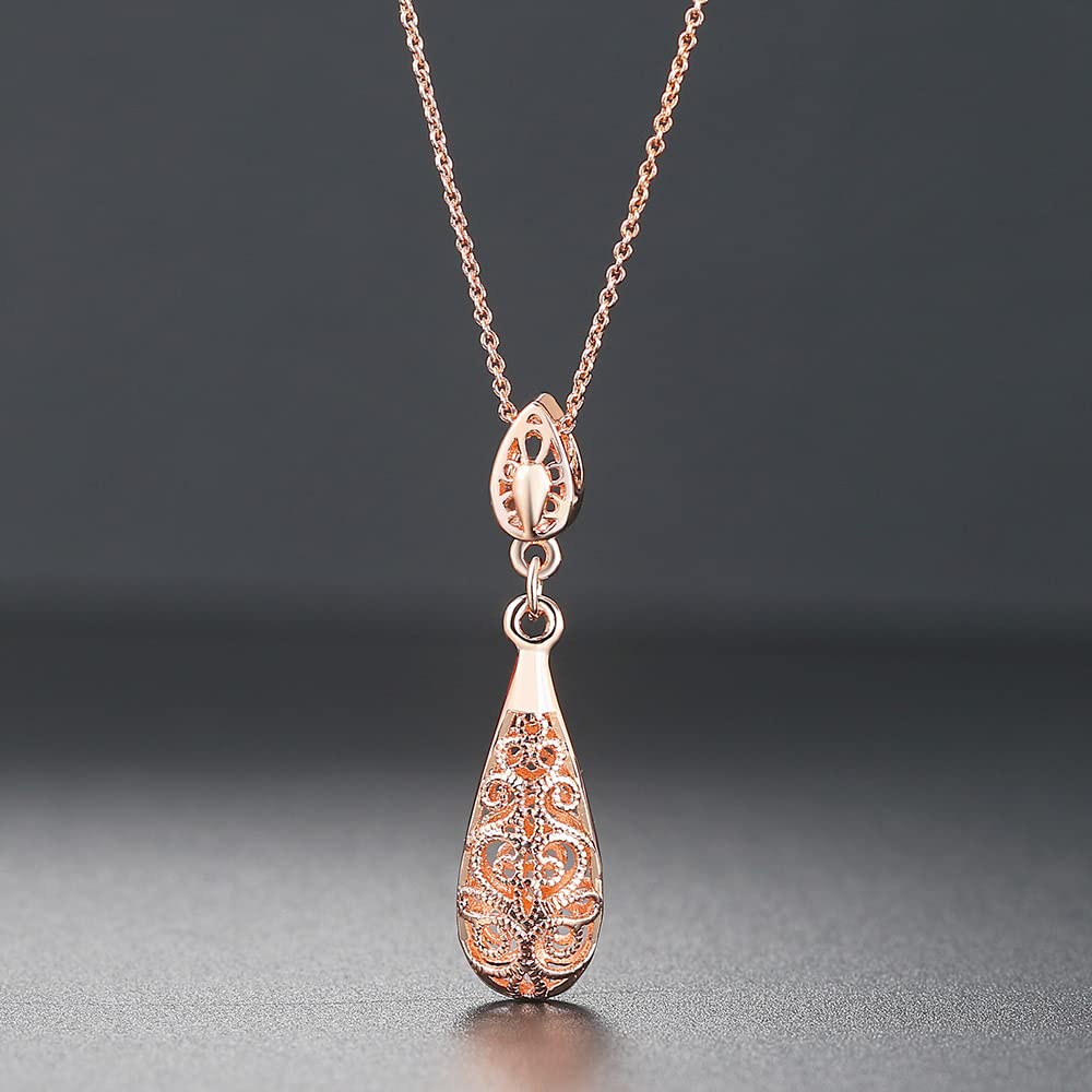 Rockyu ネックレス レディース 雫型ペンダント 18K鍍金 ピンクゴールド/シルバー ゆれる上品デザイン
