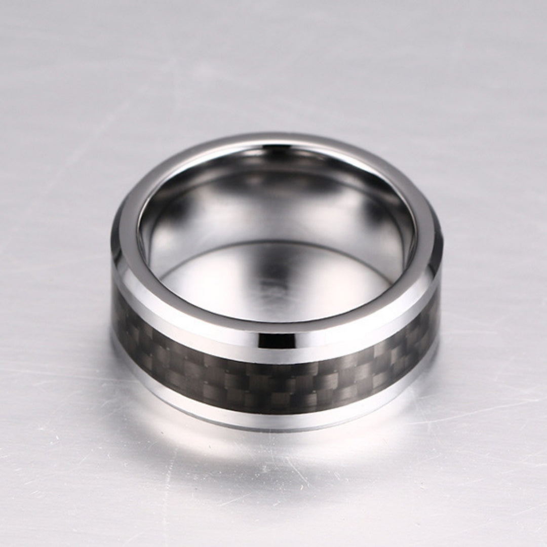 Rockyu タングステンカーバイド メンズリング 8mm幅 カーボンファイバー シンプル 指輪（ブラック／シルバー／ブルー）