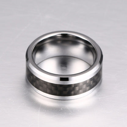 Rockyu タングステンカーバイド メンズリング 8mm幅 カーボンファイバー シンプル 指輪（ブラック／シルバー／ブルー）