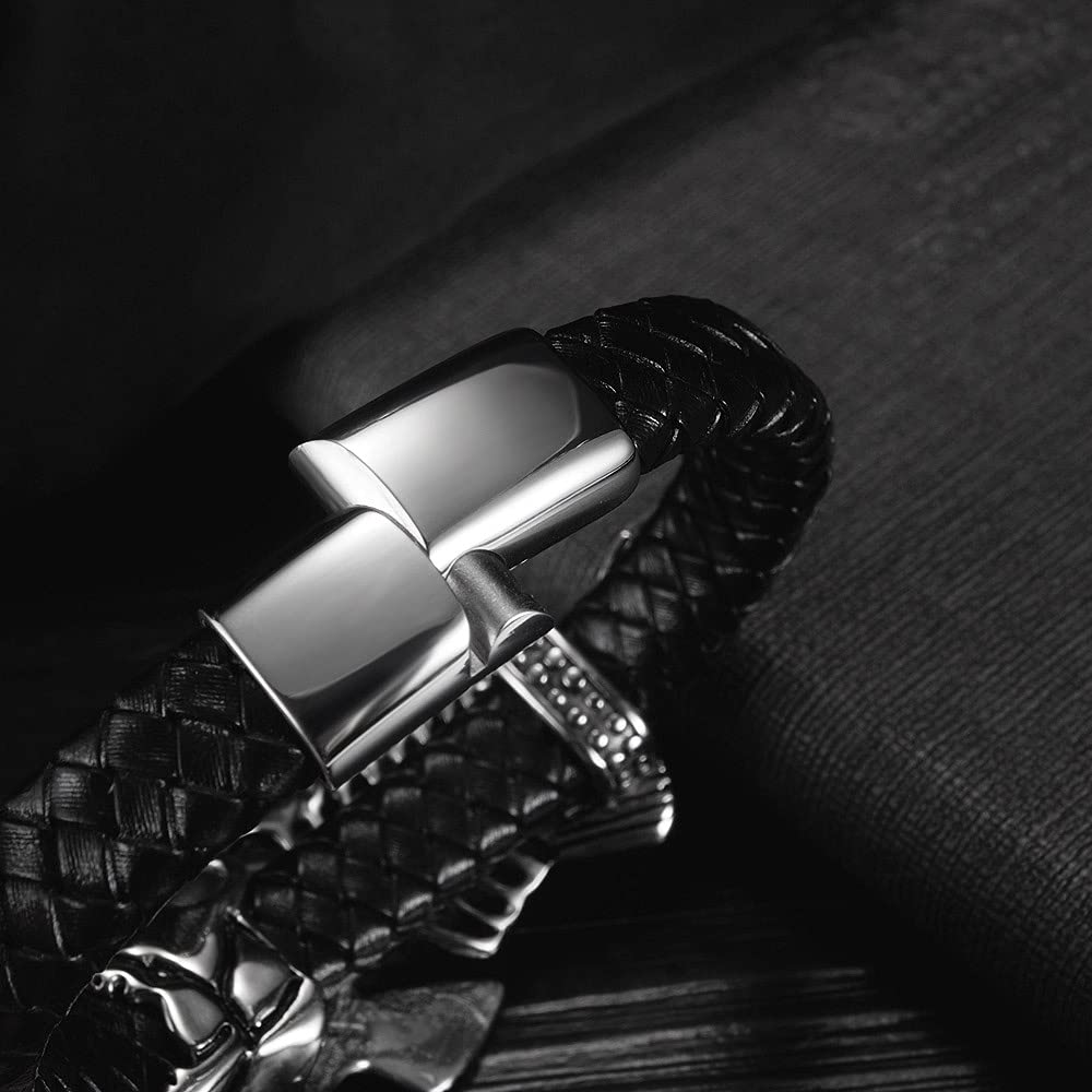 Rockyu メンズブレスレット 魚骨デザイン レザー×ステンレス ブラックアクセサリー