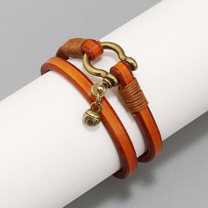 Rockyu ブレスレット メンズ レザー 2連 馬蹄バックル ヴィンテージ風 ハンドメイド シンプル おしゃれ ギフト