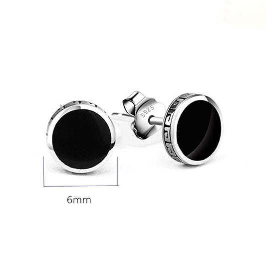 Rockyu ピアス メンズ 黒 円形 シルバー925 長城模様 スタッドイヤリング