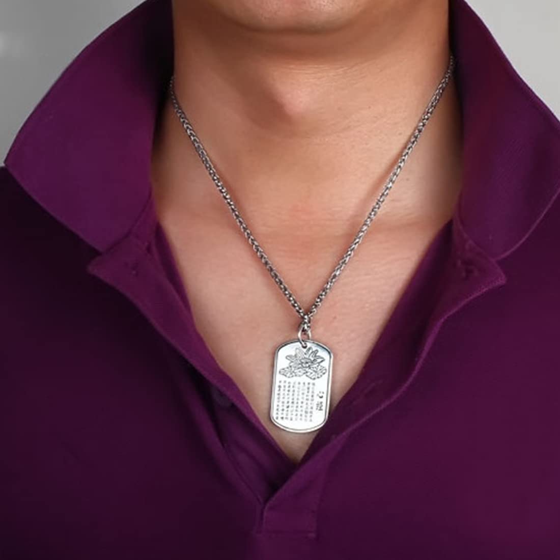 Rockyu ネックレス メンズ シルバー サージカルステンレス プレート 刻印 お守り 長方形ペンダント チェーン付き アクセサリー