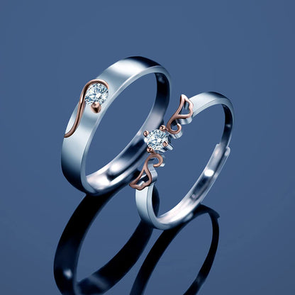 Rockyu 天使の翼 ペアリング S925純銀仕上げ フリーサイズ CZダイヤ カップル用