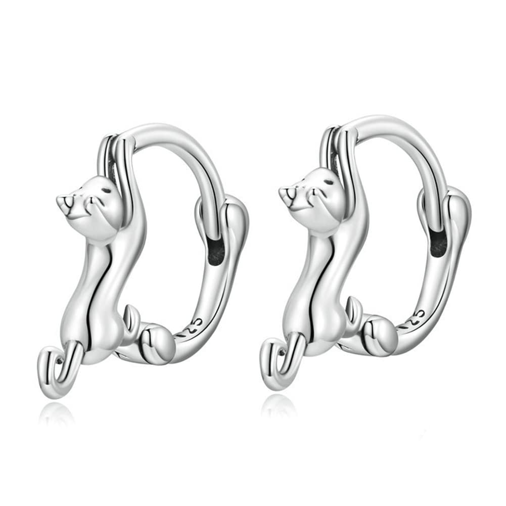 Rockyu レディース 猫フープピアス S925 シルバー製 動物モチーフ アレルギー対応