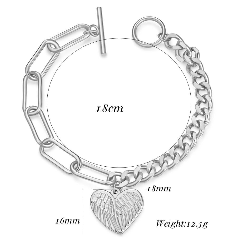 Rockyu ブレスレット レディース ハートチャーム付き 天使の翼モチーフ OTチェーン 18cm