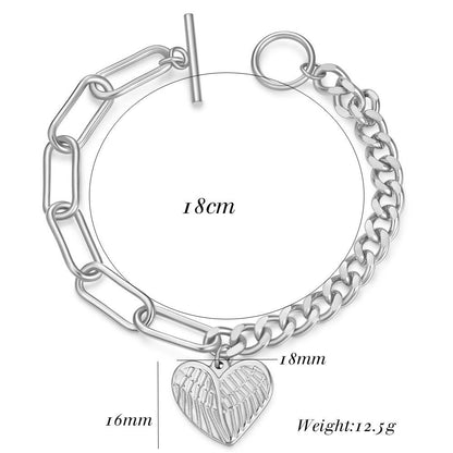 Rockyu ブレスレット レディース ハートチャーム付き 天使の翼モチーフ OTチェーン 18cm