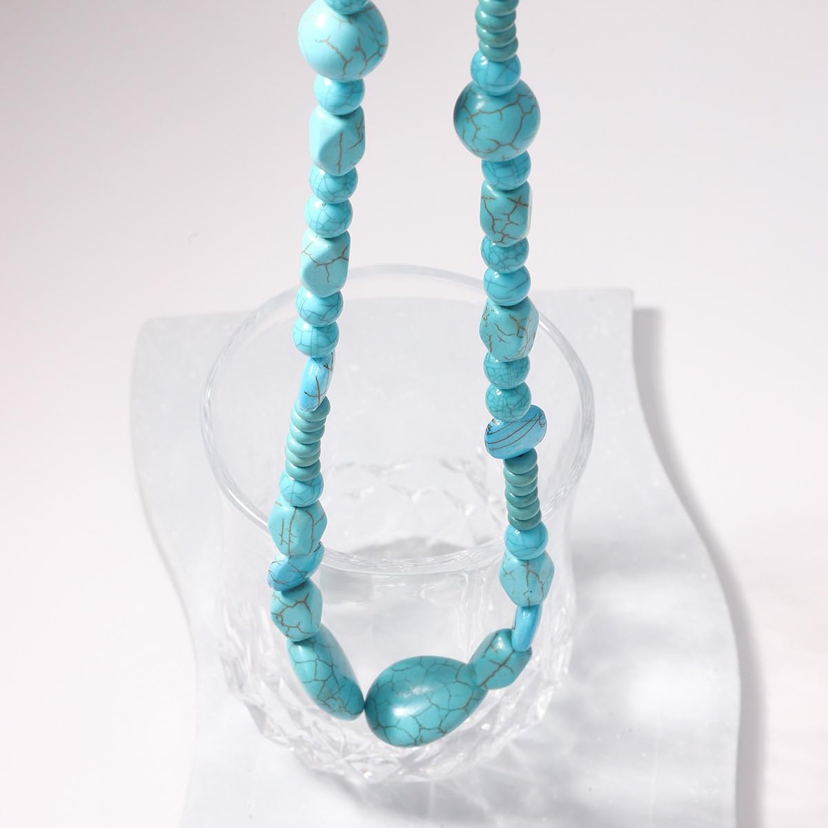 Rockyu ターコイズ天然石ネックレス レディース ビーズデザイン 調整可能 46cm+7cm