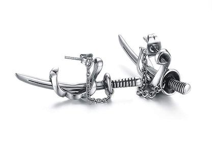 Rockyu メンズピアス シルバー 刀モチーフ チェーン付き チタン製 個性派スタッド