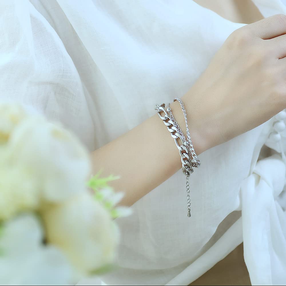 Rockyu ブレスレット レディース シルバー 三連チェーン 多層デザイン 調整可能