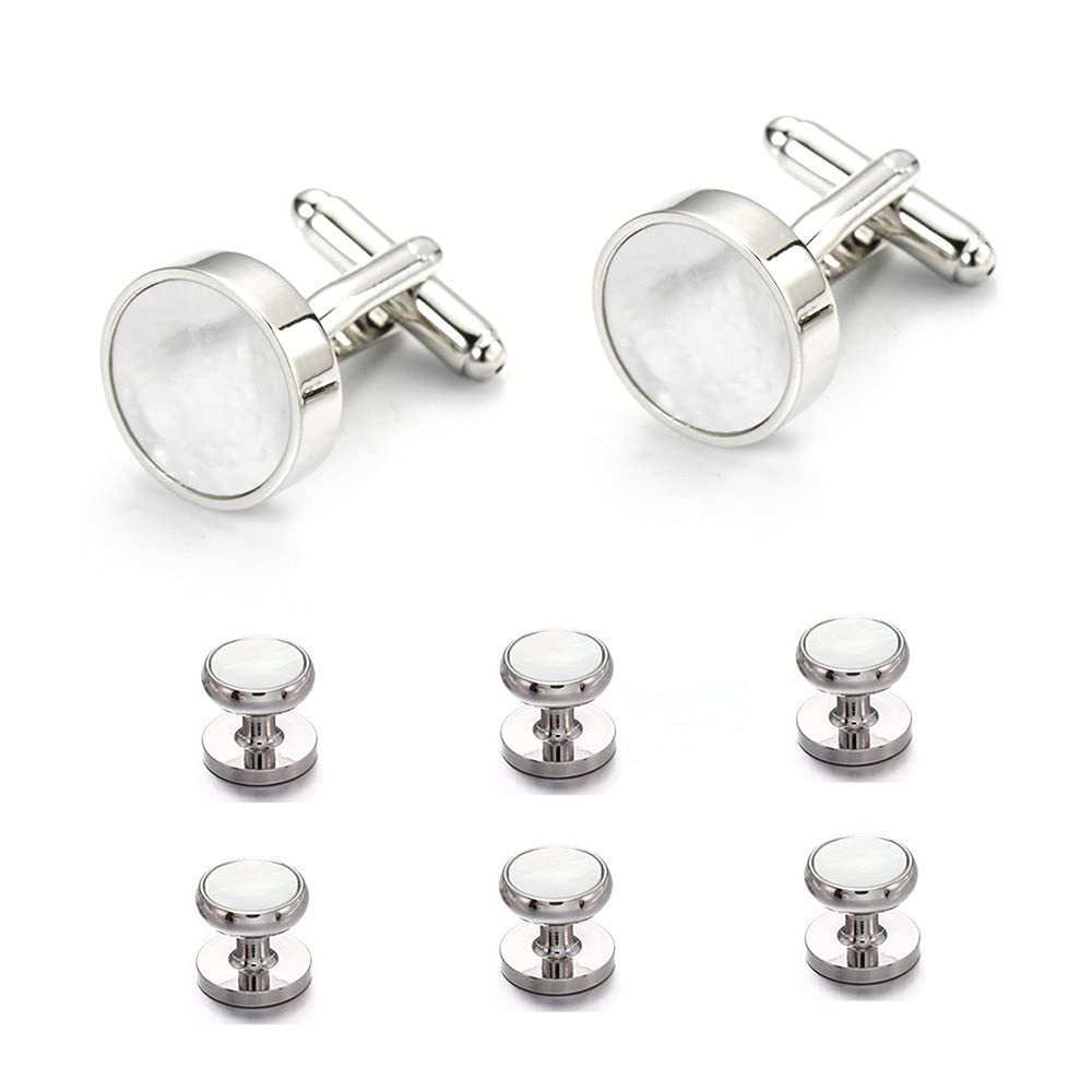 Rockyu カフス＆スタッドセット 白蝶貝デザイン ラウンド型 シルバー仕上げ フォーマルアクセサリー