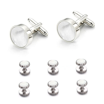 Rockyu カフス＆スタッドセット 白蝶貝デザイン ラウンド型 シルバー仕上げ フォーマルアクセサリー
