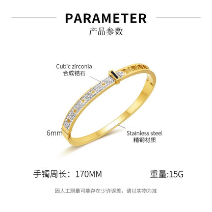 ブレスレット レディース シルバー ゴールド ジルコニア CZ プレートバングル キラキラ czダイヤ 幅6mm チタンブレスレット 金属アレルギー対応 おしゃれ 誕生日 プレゼント アクセサリー