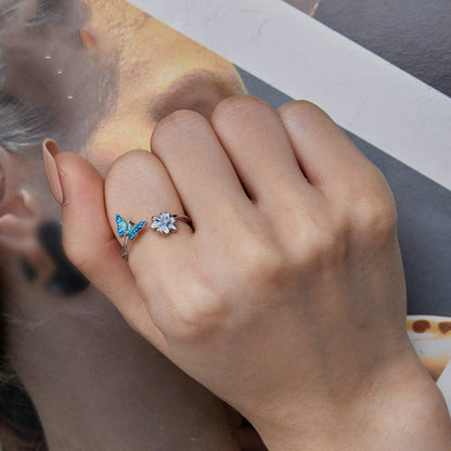 Rockyu レディース バタフライリング シルバー925 蝶モチーフ ジルコニア 花デザイン フリーサイズ 金属アレルギー対応