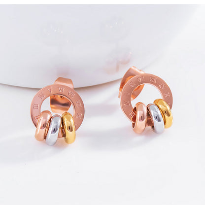 Rockyu ピアス レディース ローマ数字刻印 サークルデザイン ステンレス製 3色リング付き 18Kピンクゴールド仕上げ