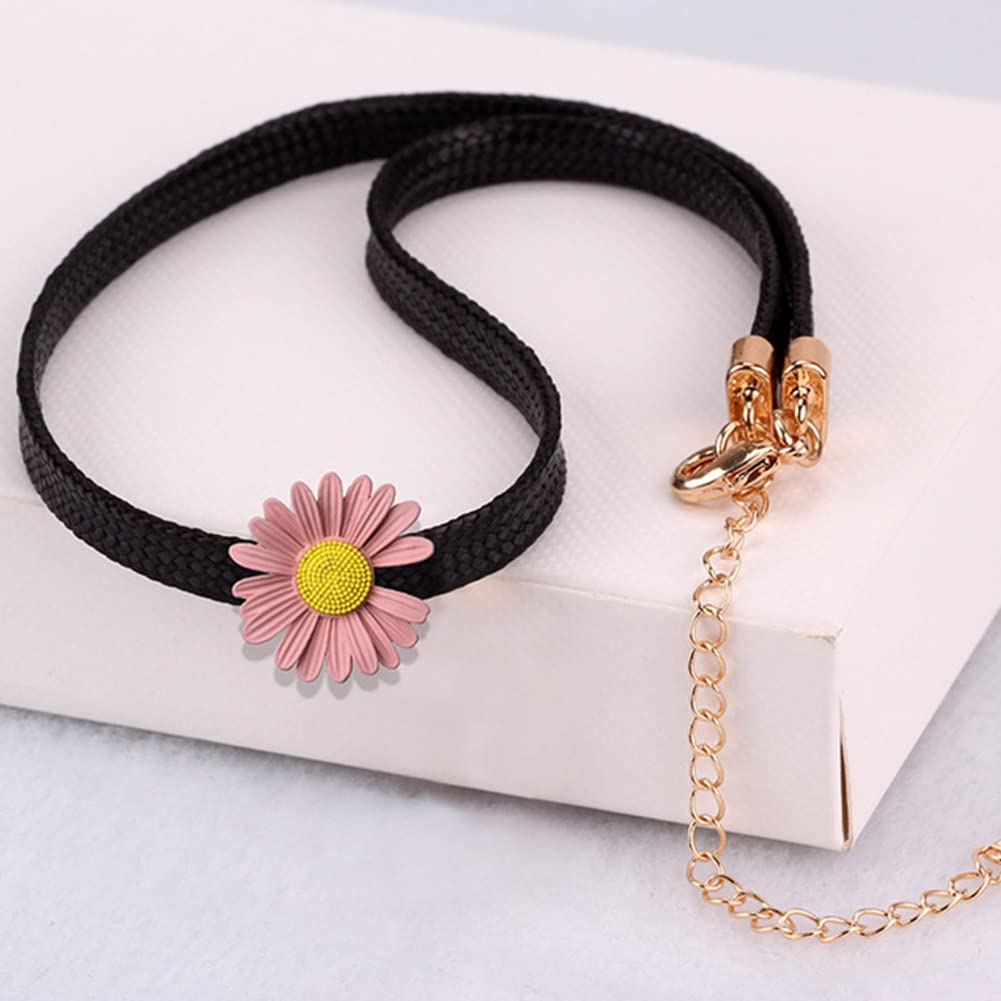 Rockyu チョーカー レディース 黒 レザー フラワー 雛菊 ペンダント 革紐チェーン