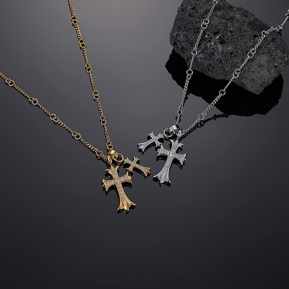 Rockyu ネックレス メンズ 十字架 シルバー&ゴールド チタン製 ジルコニア ペンダント