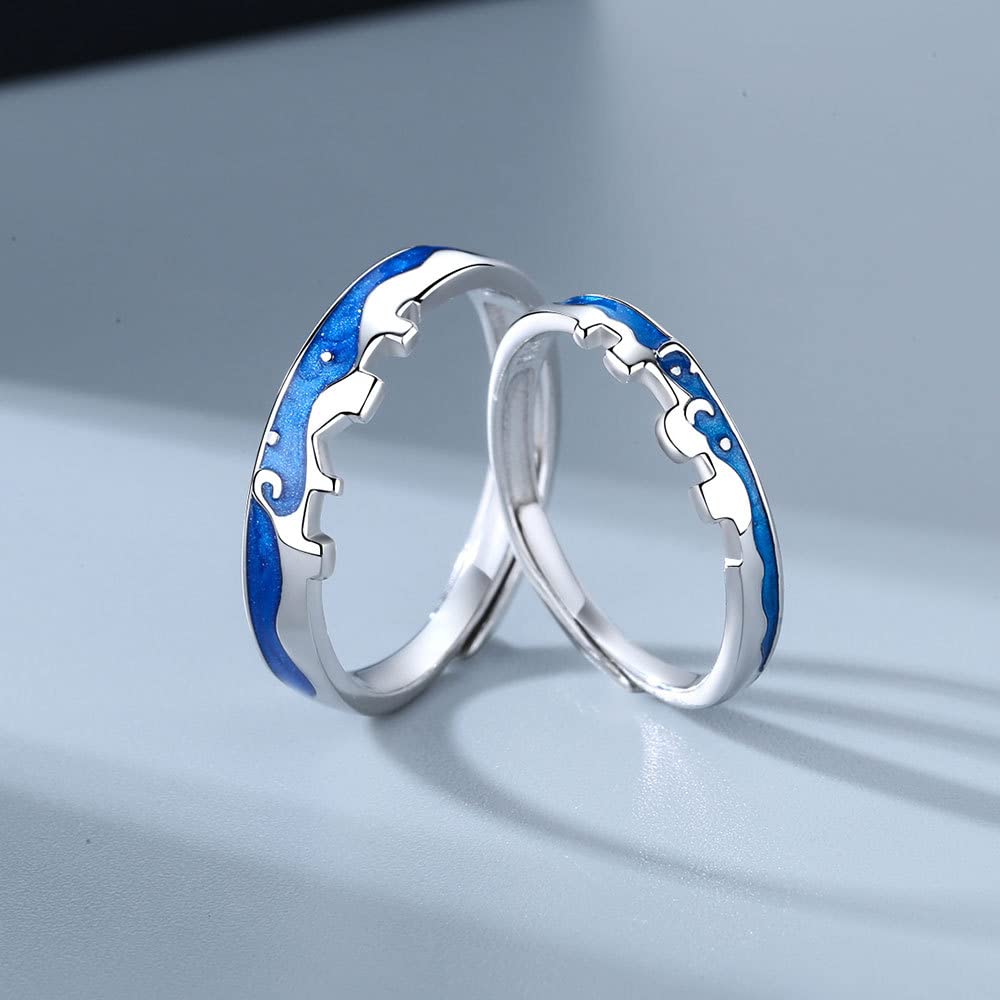 Rockyu ペアリング シルバー925 フリーサイズ 青波デザイン カップル指輪