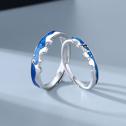 Rockyu ペアリング シルバー925 フリーサイズ 青波デザイン カップル指輪