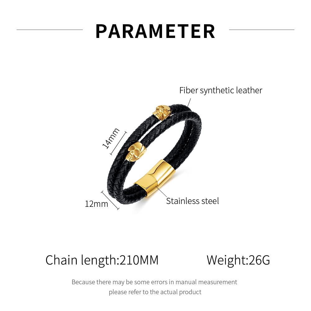 Rockyu メンズ スカル レザーブレスレット 2連 ドクロ ステンレス シルバー ゴールド ブラック