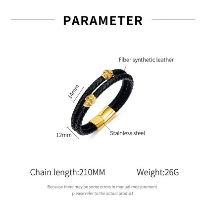 Rockyu メンズ スカル レザーブレスレット 2連 ドクロ ステンレス シルバー ゴールド ブラック