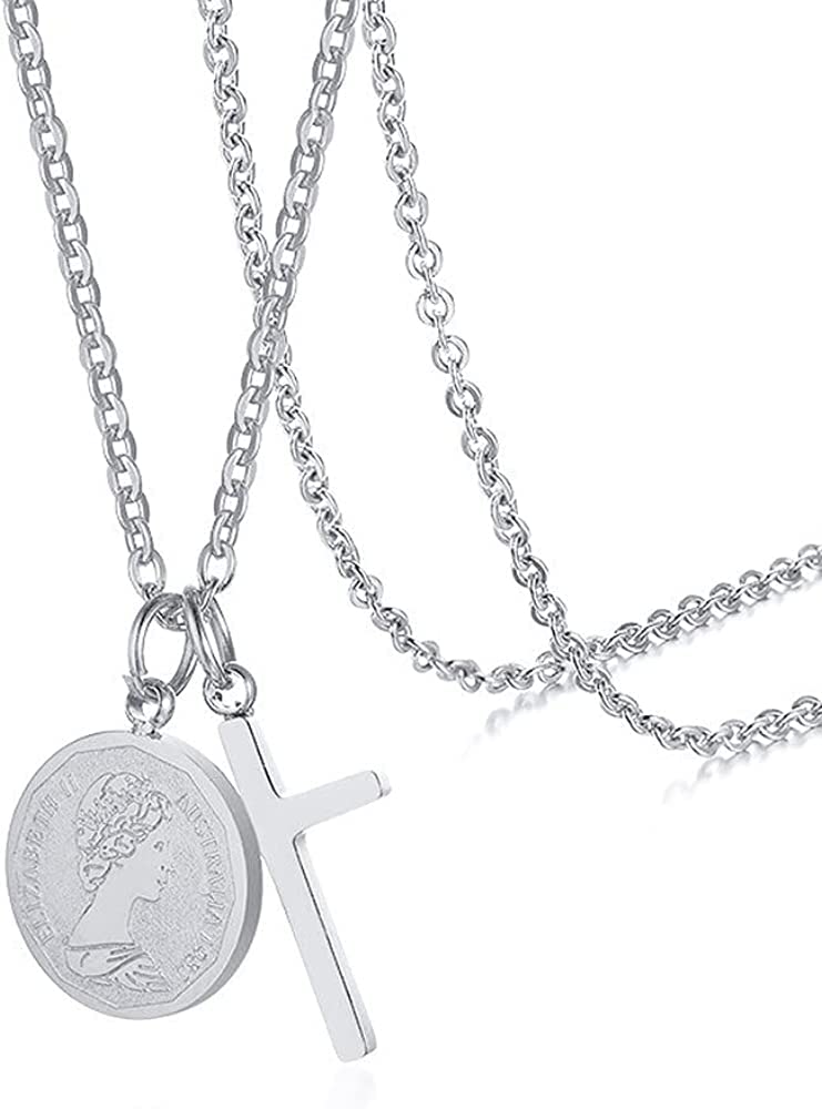 Rockyu ネックレス レディース ゴールド 十字架クロス＆コインペンダント ダブルチャーム