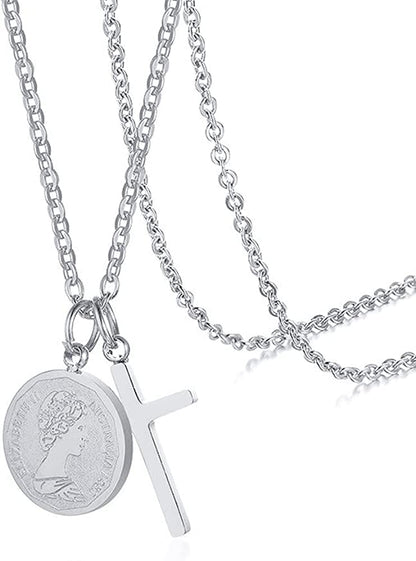 Rockyu ネックレス レディース ゴールド 十字架クロス＆コインペンダント ダブルチャーム