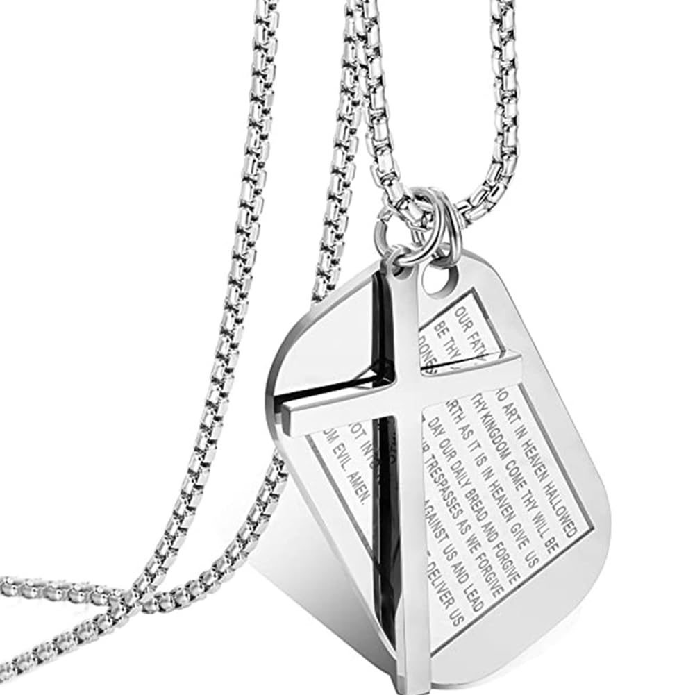 Rockyu メンズネックレス クロス十字架＆聖書モチーフ ドッグタグペンダント ステンレス製 ゴールド ブラック シルバー お守り アクセサリー
