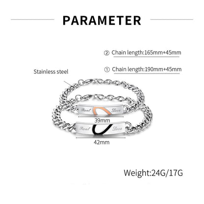 ペアブレスレット カップル お揃い メンズ レディース ステンレス製 金属アレルギー対応 Real Love 刻印 シルバー ブラック＆ピンク